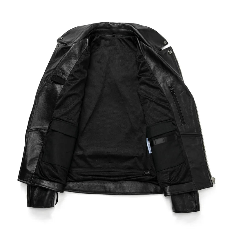 Men's Motorcycle Jacket Protectors Genuine Leather Clothes Natural Cowhide Oblique Zipper High Quality Coat Size S-5XL