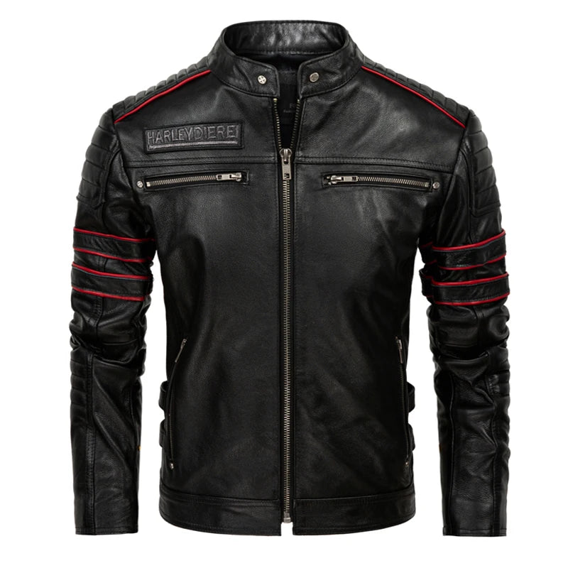 Back Embroidery Skull Motorcycle Jackets Real Cowhide Genuine Leather Jacket Mens Riding Jacket Motor Biker Men Leather Coat