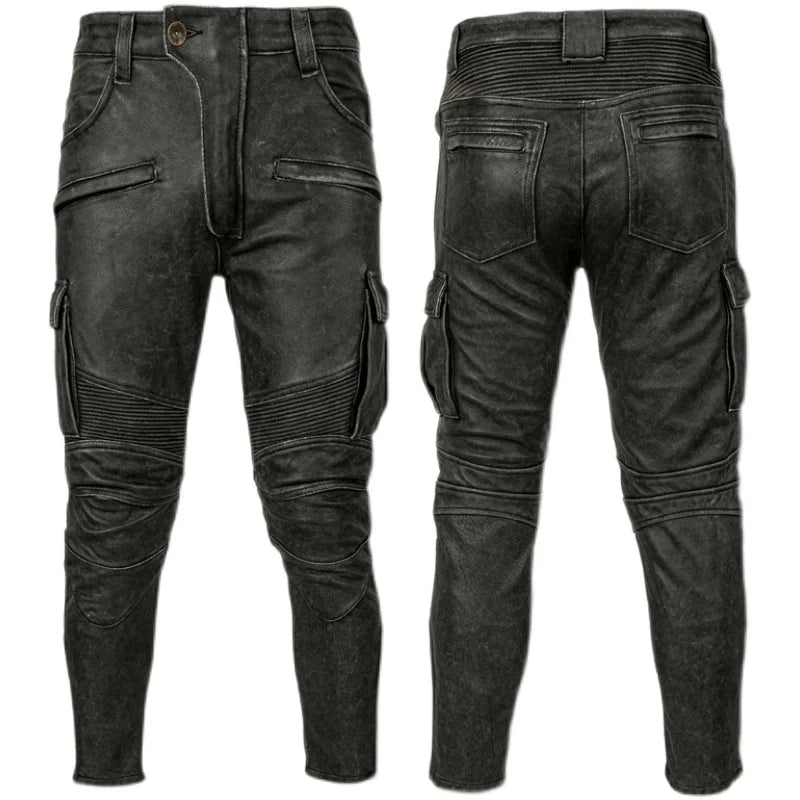 Motorcycle Leather Pant Vintage Real Cowhide Trousers Men's Motor Riding Leather Pants Biker Pant