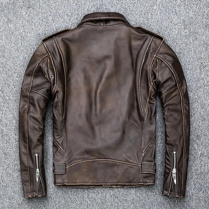 MAPLESTEED Brown Distressed Motorcycle Men 100% Calf Skin Classic Slim Leather Jacket Man Moto Biker Coat Winter 5XL M190