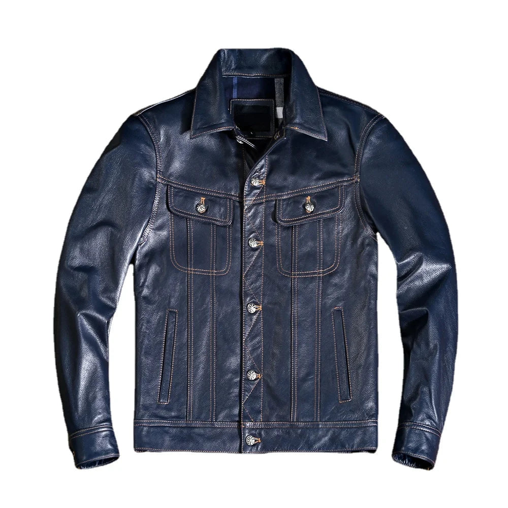 Lee 101J Type Genuine Leather Jacket Men Blue Natural Cowhide Slim Short Coat Casual Style Single Breasted Clothes Autumn