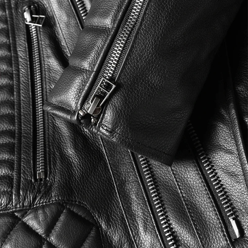 Black Cowhide Genuine Leather Jacket Men Motocycle Jackets Soft Bomber Riding Biker Clothing Men Leather Jacket Autumn Coat