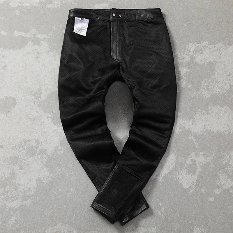 Black Motorcycle Pant Men's Cowhide Genuine Leather Trousers Men Moto Biker Slim Pants with Knee Protectors Pantalon Cuir Homme
