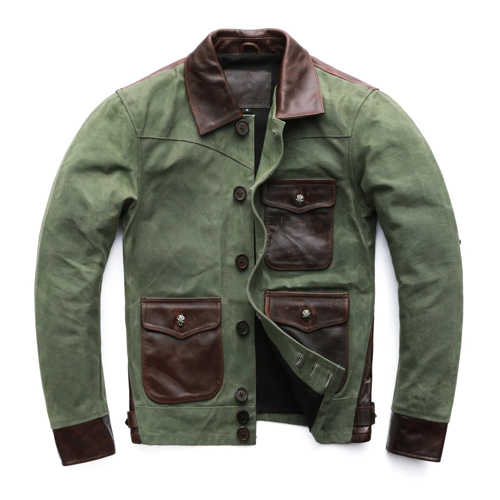 Fashion Men Jacket Men Oil Wax Genuine Leather Cowhide & Canvas Brown Green Slim Fit Jackets Male Leather Coat Autumn M227
