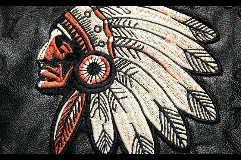 New Fashion Indian Embroidery Baseball Jacket Natural Genuine Leather Coat Men's Cowhide Leather Motorcycle Slim Jackets