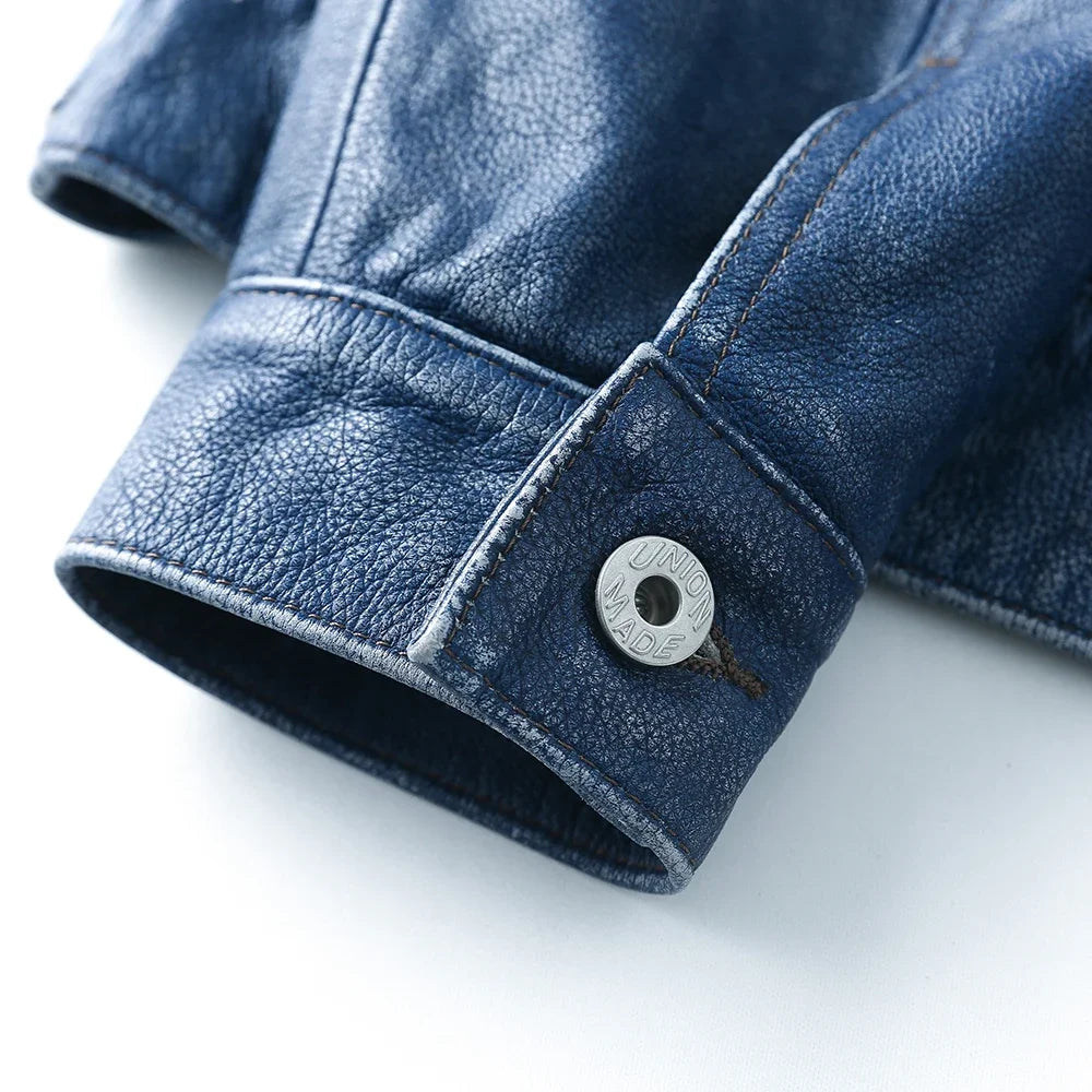 Vintage Blue Men Leather Jacket Slim Fashion 100% Natural Cowhide Jackets Man Genuine Leather Coat Autumn Spring Asian Size M234
