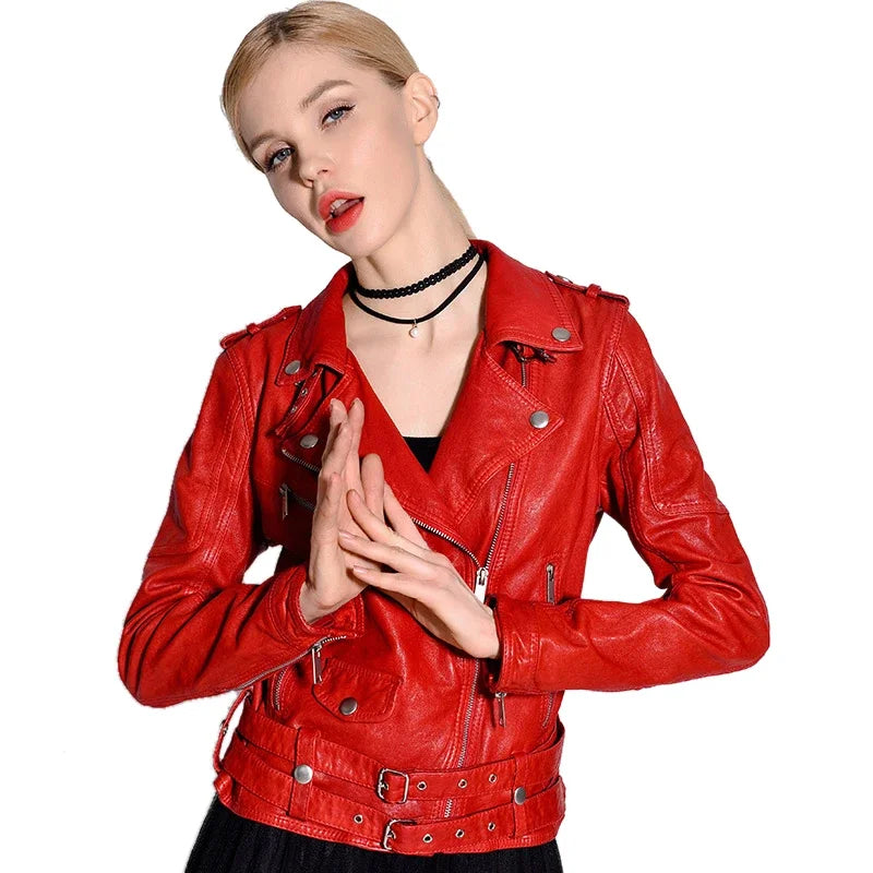Women Genuine Leather Jacket Soft 100% Tanned Sheepskin Double Belts Female Leather Coat Ladies Biker Clothing Autumn M307