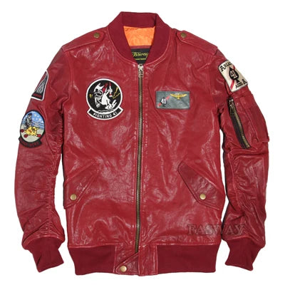 Aviator Bomber Leather Jacket Men's Leather Jackets Black Wine Red Vegetable Tanned Goat Skin Fighting Pilot Coat M096