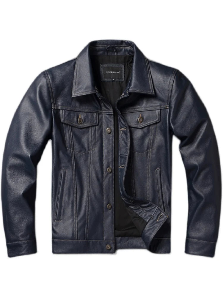 Blue Genuine Cowhide Men Leather Jacket 507 Style Mens Coat Autumn Slim Fit Male Clothing Spring