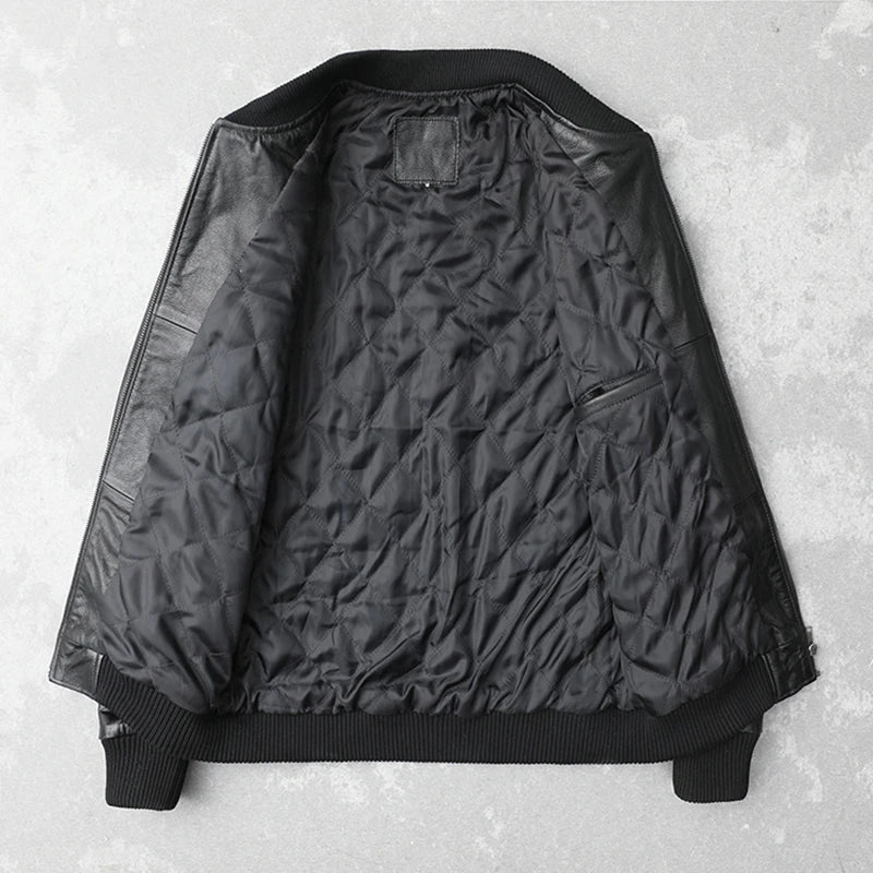 Black Cow Genuine Leather Bomber Jacket Men Cowhide Real Leather Jacket Coat Short Slim Business Jacket Leather Clothing