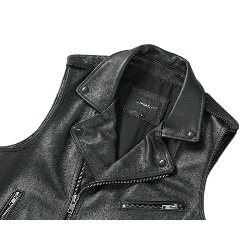 Black Cow Leather Biker Vest With Belt Moto Biker Men Genuine Leather Vest Motorcycle Waistcoat Men Leather Jacket Sleeveless