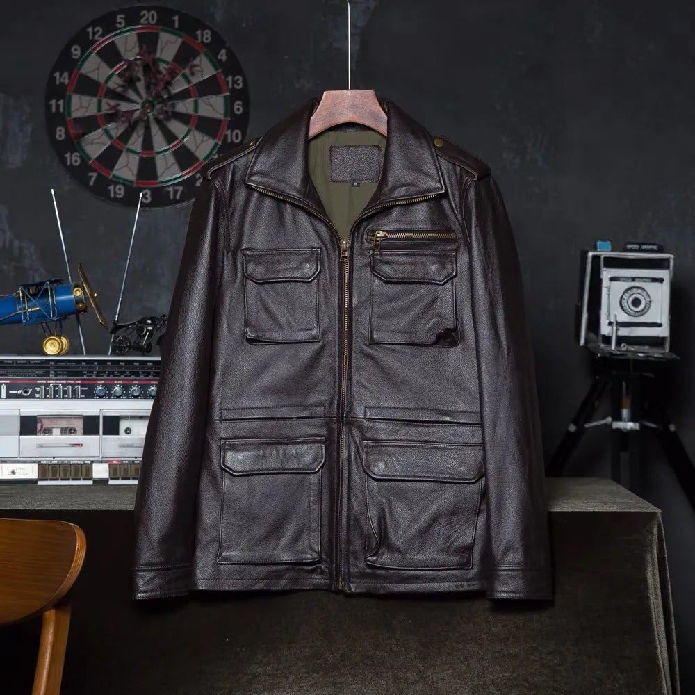 Brown Black Real Cowhide M65 Hunting Leather Jacket Men Genuine Leather Coat Winter Pockets Jackets Jaqueta Masculina De Couro