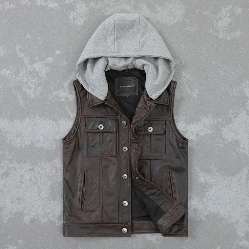 Black Vintrage Brown Genuine Cow Leather Vest Men Fashion Slim Cowhide Vests Motor Rider Leather Vest Hooded Sleeveless Jacket