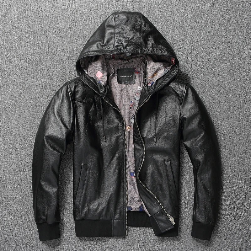 Men Leather Jacket with Hood Genuine Cowhide Slim Fit Male Skin Coat Spring Autumn Clothing Chamarras De Cuero Para Hombre