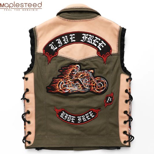 Customized Asian Size M-9XL Club Motorcycle Vest 100% Natural Cowhide Leather Spliced Canvas Biker Vest Club Vest Oversize M468