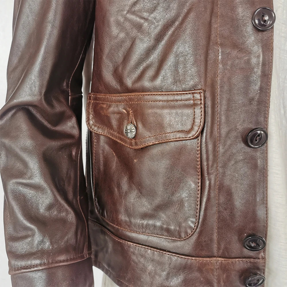 Men Leather Jacket Thick 100% Natural Oil Wax Cowhide Skin Jacket Dark Brown Soft Men Coat Winter Clothing Asian Size M-3XL M505