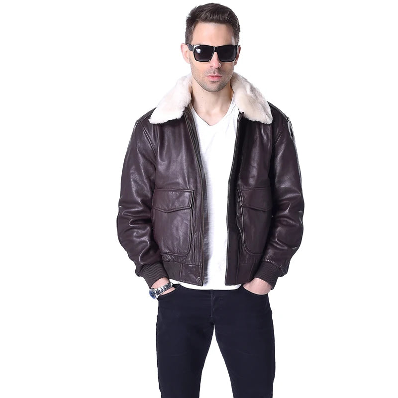 Men Genuine Leather Jacket Flight Jackets Real Sheepskin Natural Fur Collar Pilot Aviator Clothing Deep Autumn Early Winter M176