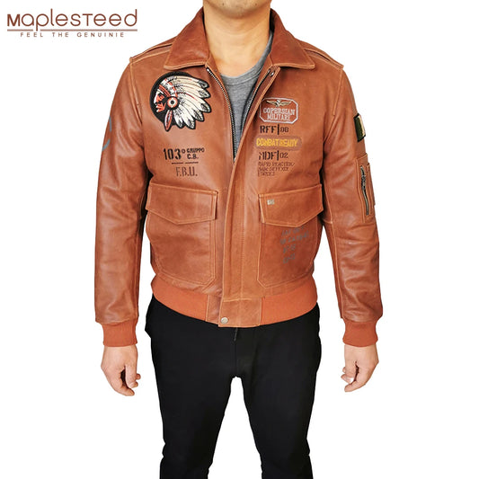 Indian Embroidery Bomber Flight Jackets Natural Genuine Leather Coat Men Cowhide Motorcycle Biker Jackets Fashion Clothing M600