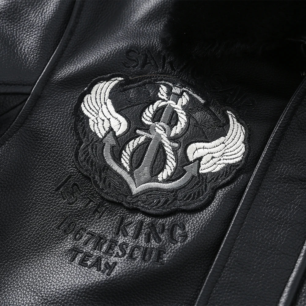 Embroidery Men Leather Jacket 100% Genuine Cowhide Fur Collar Flight Jackets Military Coat Biker Clothing Asian Size M438