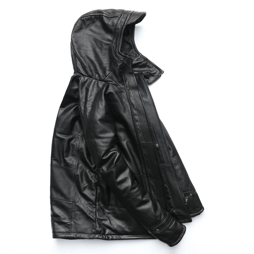 Long Winter Coat Thick Warm Men Leather Coat Quilted Hood 100% Natural Cow Leather Coat Long Clothing Overcoat M490