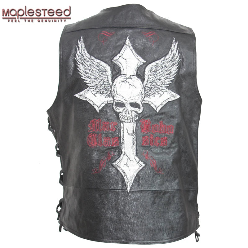 Genuine Leather Vest Motorcycle Embroidery Skull Natural Cow Skin Moto Vest Biker Waistcoat Leather Jacket Sleeveless M127