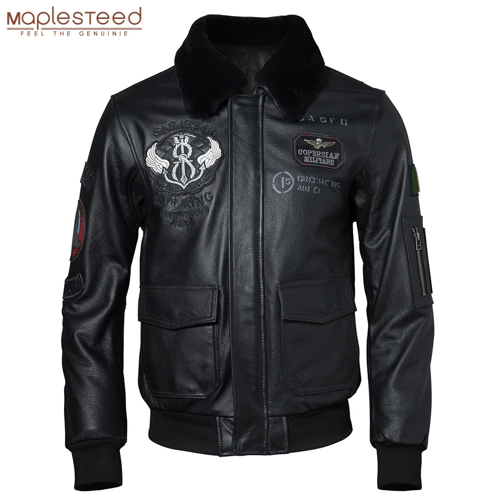 Embroidery Men Leather Jacket 100% Genuine Cowhide Fur Collar Flight Jackets Military Coat Biker Clothing Asian Size M438