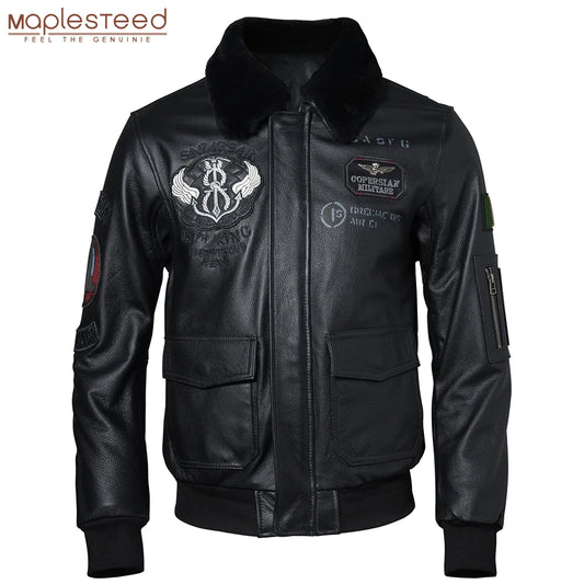 Embroidery Men Leather Jacket 100% Genuine Cowhide Fur Collar Flight Jackets Military Coat Biker Clothing Asian Size M438