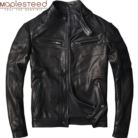 MAPLESTEED Mens Leather Jacket Men 100% Natural Tanned Goatskin Jackets Slim Fit Black Short Boy Leather Coat Summer Spring M110