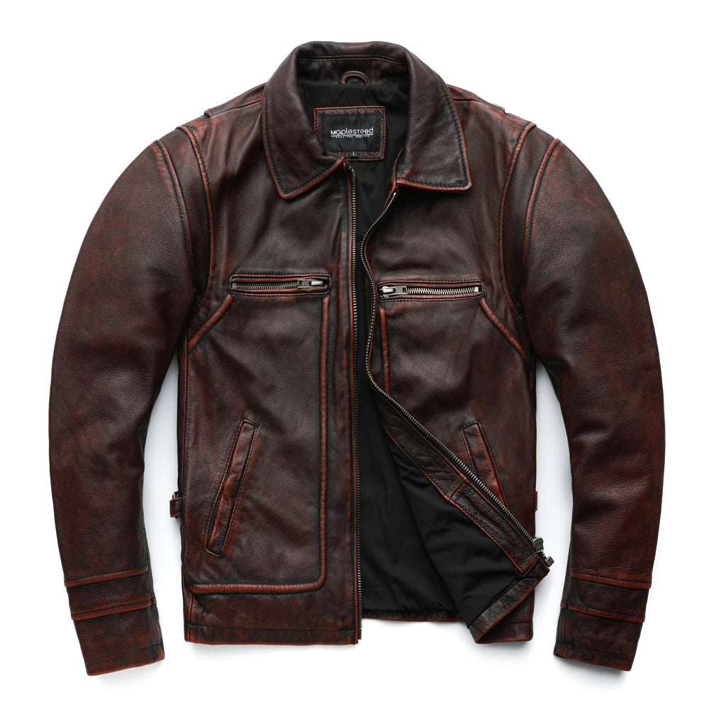 MAPLESTEED Brand Men Leather Jacket Black Red Brown 100% Cowhide Vintage Jackets Men Winter Coat Long Sleeve 62-68cm M-5XL M100