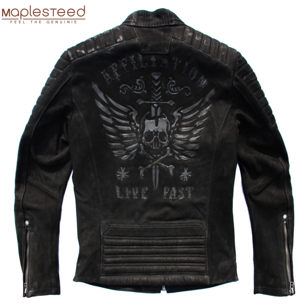 Vintage Motorcycle Jacket Skull 100% Cowhide Slim Fit Men Leather Jacket Distressed Moto Biker Coat Winter M203