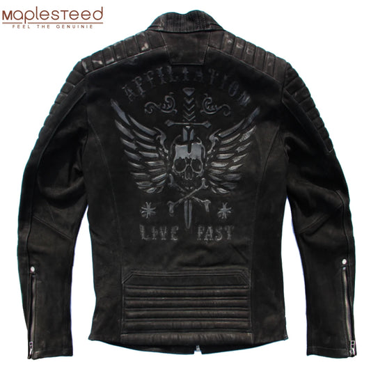 Vintage Motorcycle Jacket Skull 100% Cowhide Slim Fit Men Leather Jacket Distressed Moto Biker Coat Winter M203