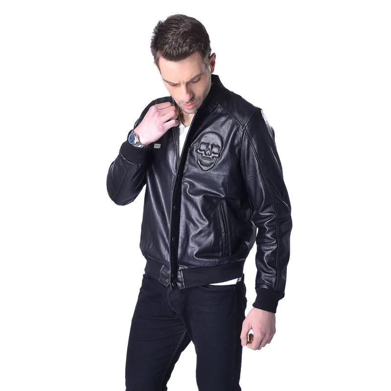 CLEARANCE SALE! Genuine Leather Jacket Men 100% Soft Sheepskin Leather Jackets Brand Skull Men's Leather Coat Spring M022