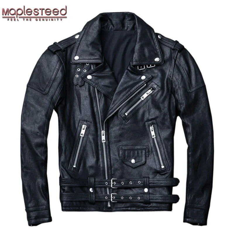 MAPLESTEED 100% Natural Sheepskin Tanned Leather Jacket Black Soft Men's Motocycle Jackets Motor Clothing Biker Coat Autumn M111