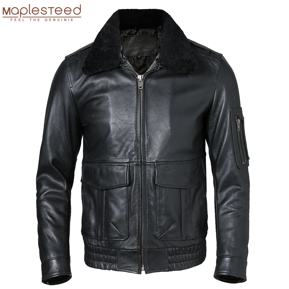 Men Leather Jacket Quilted 100% Natural Cowhide & Fur Collar Flight Coat Aviator Clothing Winter Warm Asian Size S-7XL M609