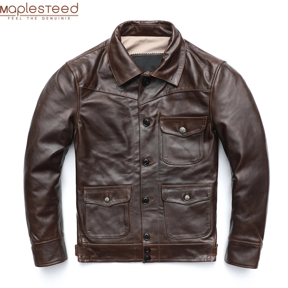 Men Leather Jacket Thick Turn Down Collar Dark Brown Solf Oil Wax Cowhide Skin Jacket Men Winter Coat Asian Size M-3XL M505