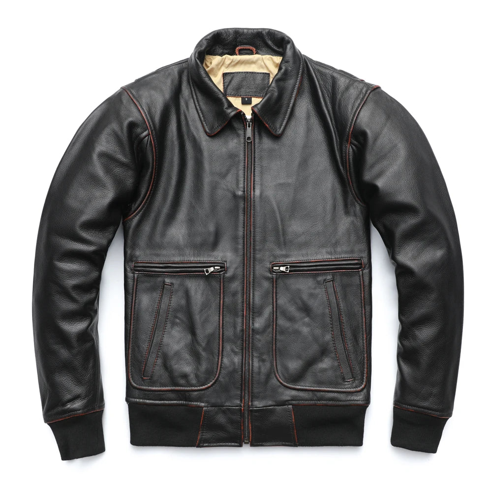 Vintage Edged Flight A2 Men Leather Jacket 100% Cowhide Jacket Men Pilot Bomber Leather Coat Male Leather Clothing Winter M235