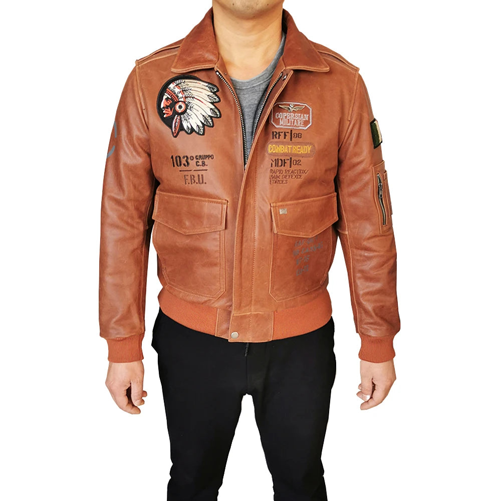 Indian Embroidery Bomber Flight Jackets Natural Genuine Leather Coat Men Cowhide Motorcycle Biker Jackets Fashion Clothing M600