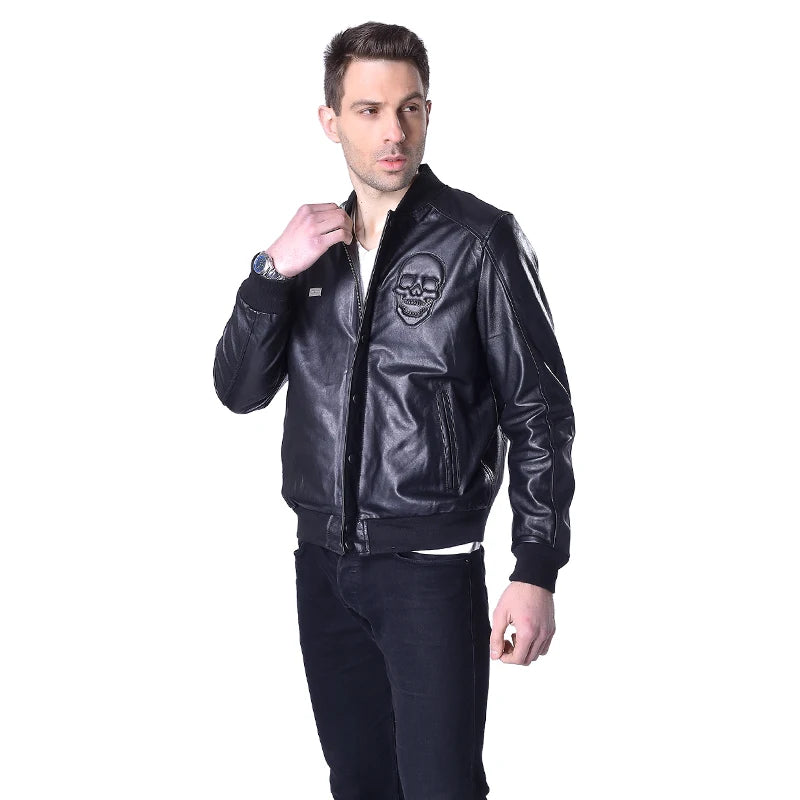 CLEARANCE SALE! Genuine Leather Jacket Men 100% Soft Sheepskin Leather Jackets Brand Skull Men's Leather Coat Spring M022