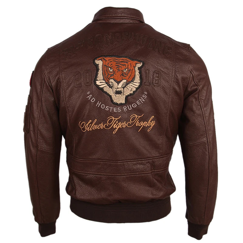 Embroidery Men's Leather Jacket 100% Cow Skin Jackets Brown Black Soft Flight Force A-2 Leather Coat Autumn Male Clothing M251