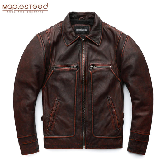 MAPLESTEED Brand Men Leather Jacket Black Red Brown 100% Cowhide Vintage Jackets Men Winter Coat Long Sleeve 62-68cm M-5XL M100