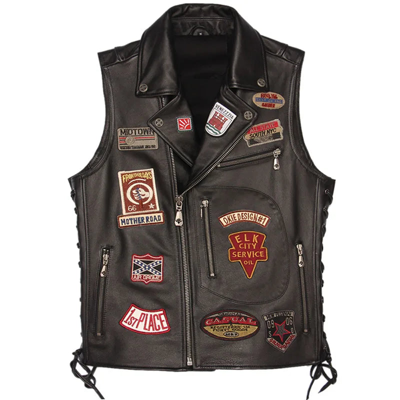 Motorcycle Leather Vest Patches 100% Real Cowhide Slim Fit Biker Leather Vest Men Motor Waistcoat Leather Jacket Sleeveless M449