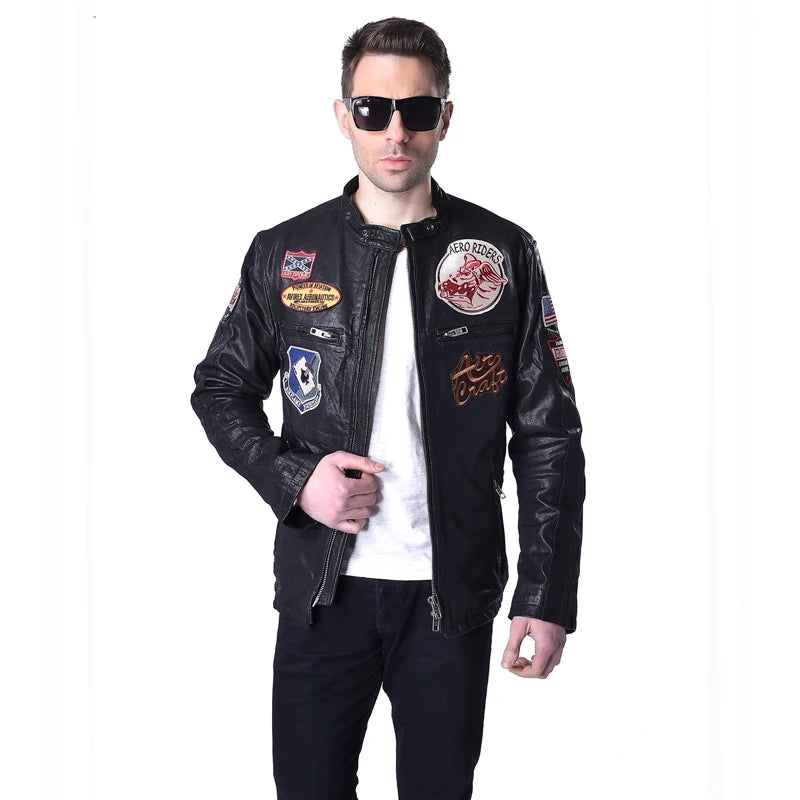 Mens Genuine Leather Jacket Men Leather Coat Yellow Black Patches 100% Tanned Goatskin or Cowhide Flight Jacket Pilot M160