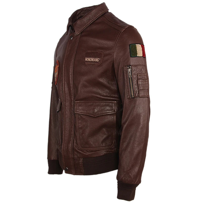 Embroidery Men's Leather Jacket 100% Cow Skin Jackets Brown Black Soft Flight Force A-2 Leather Coat Autumn Male Clothing M251