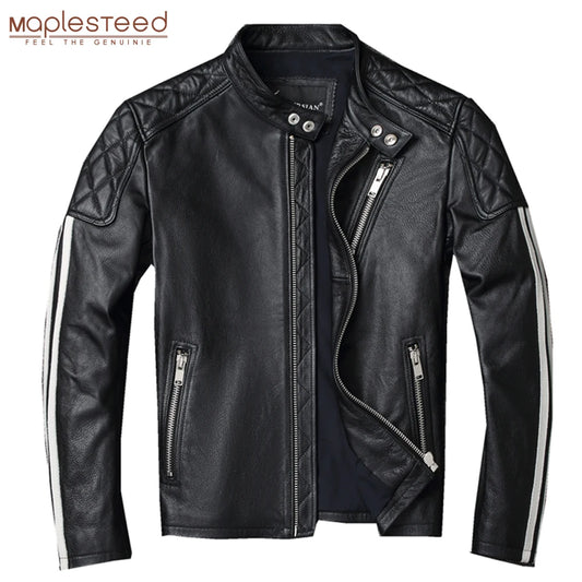 Men Leather Jacket 100% Genuine Cowhide Leather Jackets Slim Fit White Stripes Men Natural Skin Coat Autumn Clothing M420