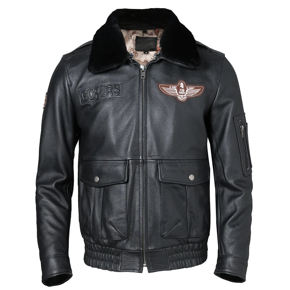 Men Leather Jacket Quilted 100% Cowhide & Natural Fur Collar Pilot Jackets Flight Coat Aviator Clothing Winter Asian Size M606