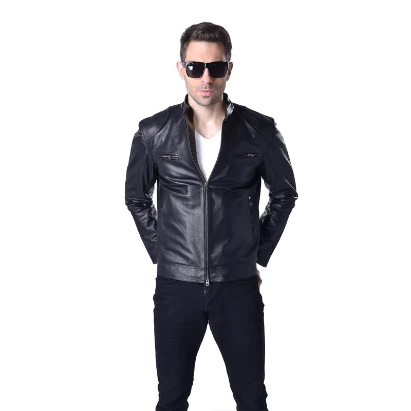 Genuine Leather Jacket Men Leather Coat 100% Sheepskin Cowhide Skin Black Bomber Motorcycle Biker Men's Coat Autumn M033