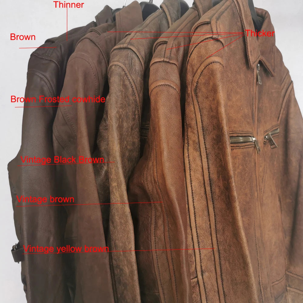 CLEARANCE Vintage Men Leather Jacket Thick 100% Natural Cowhide Leather Coat Man Skin Clothing Autumn Winter M507