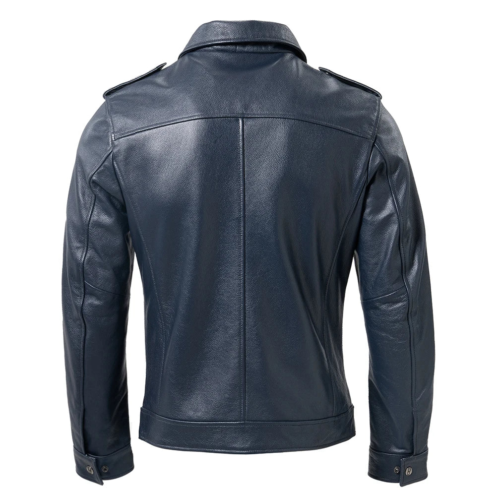 Casual Men Leather Jacket Blue Black Real Cowhide Men's Skin Coat Mens Jacket Spring Autumn Male Clothes Asian Size M617