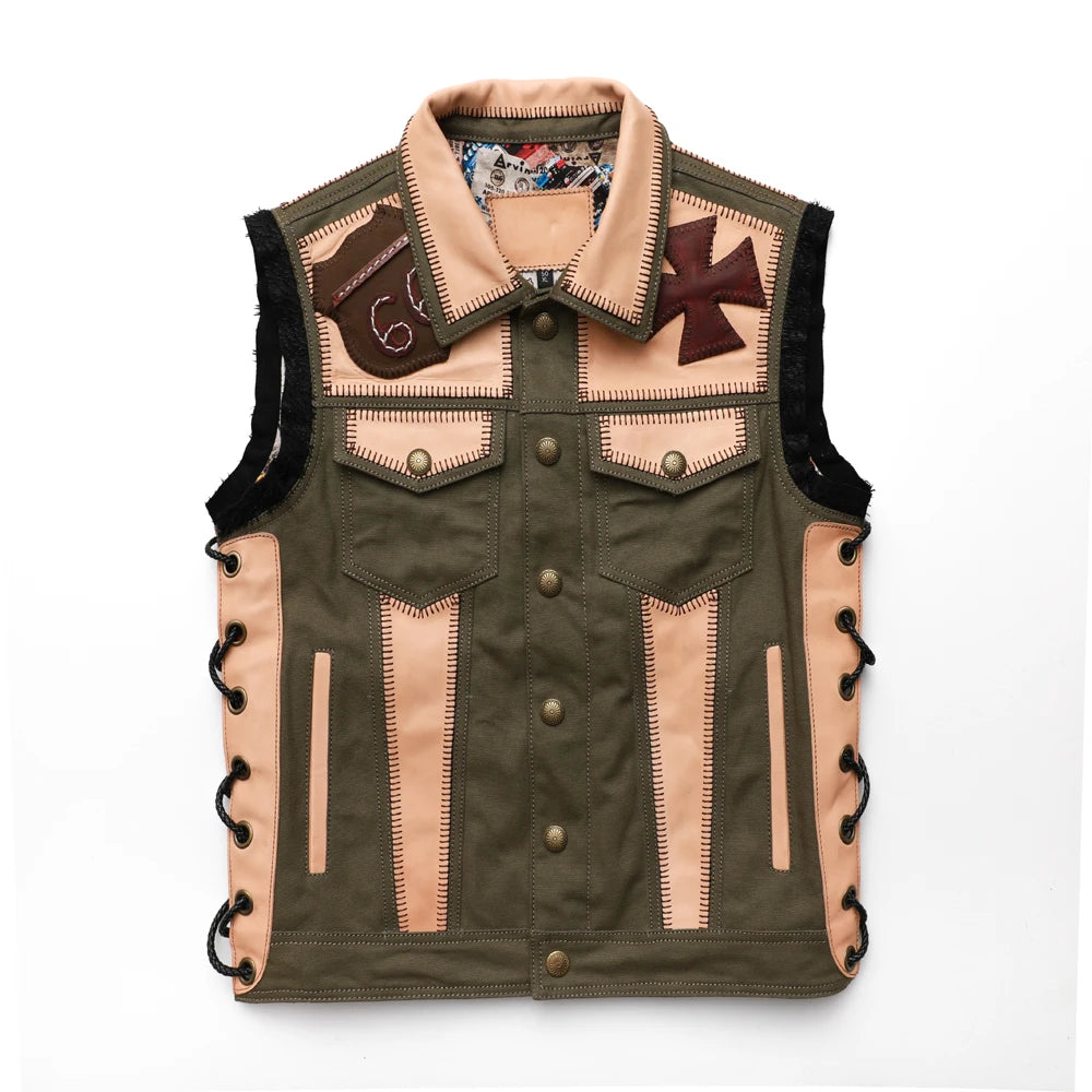 Customized Asian Size M-9XL Club Motorcycle Vest 100% Natural Cowhide Leather Spliced Canvas Biker Vest Club Vest Oversize M468