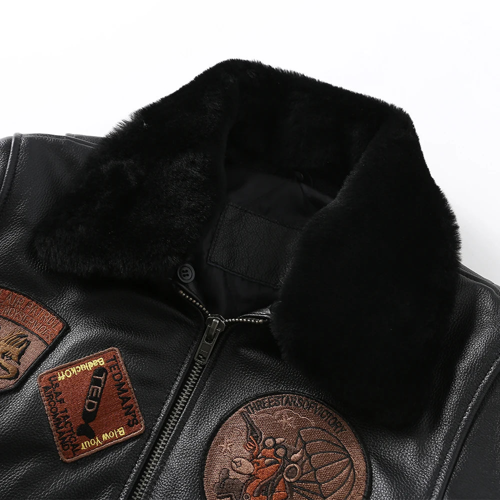 Men Genuine Leather Jacket Quilted Patches100% Cowhide & Natural Fur Collar Flight Coat Aviator Clothing Winter Asian Size M613